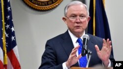 FILE - Attorney General Jeff Sessions, speaks to a gathering of law enforcement officials at the United States Attorney's offices, March 15, 2018, in Lexington, Kentucky