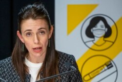 New Zealand Prime Minister Jacinda Ardern addresses press conference at Parliament in Wellington, New Zealand, Oct. 4, 2021.