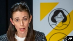 New Zealand Prime Minister Jacinda Ardern addresses press conference at Parliament in Wellington, New Zealand, Oct. 4, 2021. 