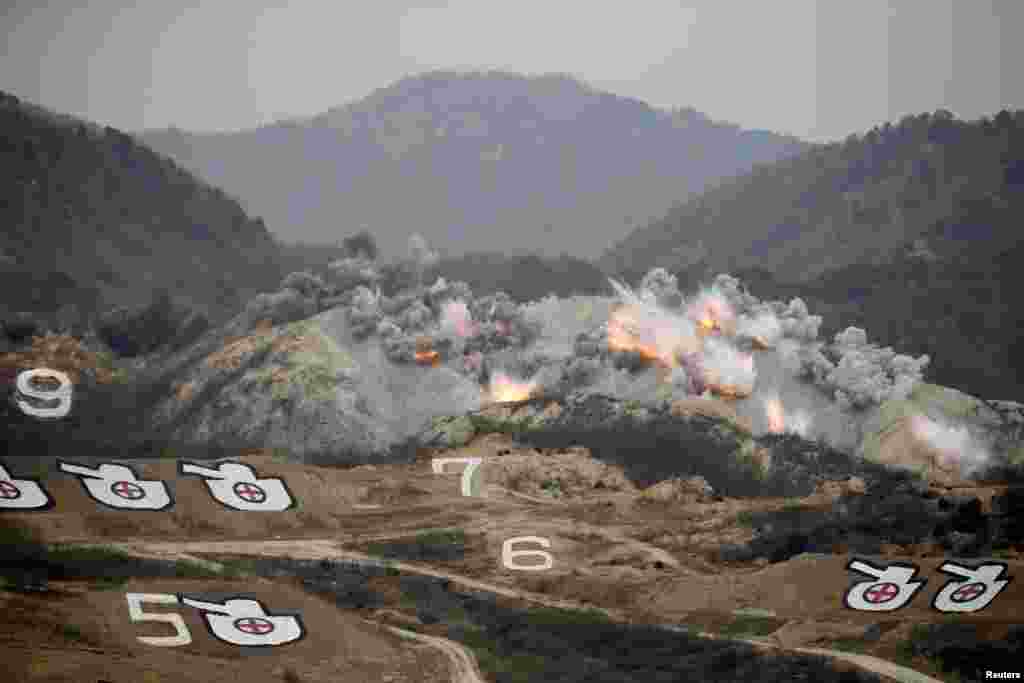 Explosions are seen at a target, during a U.S.-South Korea joint live-fire military exercise, at a training field, near the demilitarized zone, separating the two Koreas in Pocheon, South Korea.