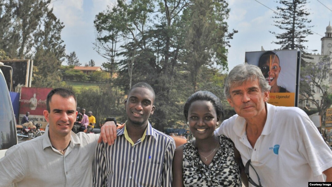 Team members gather in Kasese, Uganda for the Saturday climb: Left to right: guide David Rastouil, Makerere University student Richard Atugonza, Sheila Ruyondo of the World Youth Parliament for Water, and leader Luc Hardy (Photo by Pax Arctica)