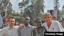 Team members gather in Kasese, Uganda for the Saturday climb: Left to right: guide David Rastouil, Makerere University student Richard Atugonza, Sheila Ruyondo of the World Youth Parliament for Water, and leader Luc Hardy (Photo by Pax Arctica)