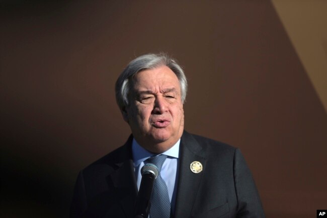 FILE - U.N. Secretary-General Antonio Guterres addresses delegates during the opening session of a U.N. Migration Conference in Marrakech, Morocco, Dec.10, 2018.