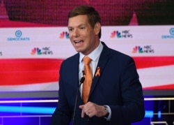Democratic presidential hopeful U.S. Representative from California Eric Swalwell speaks during the second Democratic primary debate of the 2020 presidential campaign at the Adrienne Arsht Center for the Performing Arts in Miami, June 27, 2019.