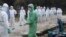 In this April 13, 2014 photo provided by Kumamoto Prefecture, local government workers in white protective overalls line up to be sprayed disinfectant in Taragicho, Kumamoto Prefecture, western Japan. The 112,000 chickens were ordered culled on Monday, April 14 after two chickens tested positive for a highly pathogenic avian influenza at a farm in the town. (AP Photo/Kumamoto Prefecture)