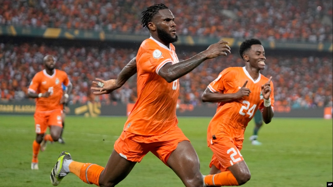 Ivory Coast 's Franck Kessie celebrates after scoring his side's first goal during the African Cup of Nations final soccer match between Ivory Coast and Nigeria, at the Olympic Stadium of Ebimpe in Abidjan, Ivory Coast, Feb. 11, 2024.