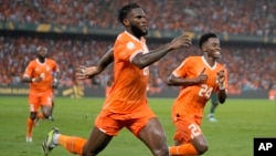 Ivory Coast 's Franck Kessie celebrates after scoring his side's first goal during the African Cup of Nations final soccer match between Ivory Coast and Nigeria, at the Olympic Stadium of Ebimpe in Abidjan, Ivory Coast, Feb. 11, 2024.