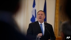 U.S. Secretary of State Mike Pompeo talks during a joint news conference with Greek Foreign Minister Nikos Dendias (not pictured), following their meeting in Athens, Greece, Oct. 5, 2019. 