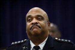 Chicago Police Supt. Eddie Johnson listens to a question as he responds to remarks made by President Donald Trump at the International Association of Chiefs of Police Convention, Oct. 28, 2019, in Chicago.