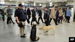 Police officers and their dogs on duty in Penn Station, April 16, 2013 in New York City