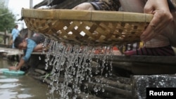 People clean fish on the Mekong riverbank in Phnom Penh December 9, 2011. 