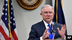 Attorney General Jeff Sessions, speaks to a gathering of law enforcement officials at the United States Attorney's offices, March 15, 2018, in Lexington, Kentucky