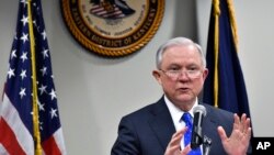 Attorney General Jeff Sessions, speaks to a gathering of law enforcement officials at the United States Attorney's offices, March 15, 2018, in Lexington, Kentucky