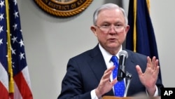FILE - Attorney General Jeff Sessions, speaks to a gathering of law enforcement officials at the United States Attorney's offices, March 15, 2018, in Lexington, Kentucky