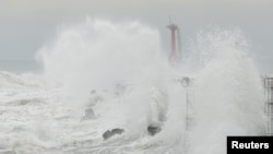 Waves splash as Typhoon Krathon approaches in Kaohsiung