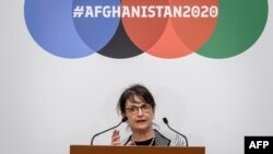 Special Representative of the UN Secretary-General for Afghanistan Deborah Lyons delivers a statement during the 2020 Afghanistan donor conference hosted by the United Nations in Geneva on Nov. 24, 2020.