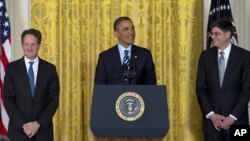 President Barack Obama, flanked by outgoing Treasury Secretary Timothy Geithner, left, and current White House Chief of Staff Jack Lew, announces his choice of Lew to succeed, Geithner, at the White House, Thursday, Jan. 10, 2013. 