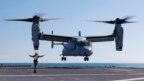 Máy bay MV-22 Osprey của Thủy quân lục chiến Hoa Kỳ thực hành cất cánh và hạ cánh trên sàn đáp của HMAS Adelaide ở Quần đảo Whitsunday ngoài khơi Australia trong Cuộc tập trận Sea Raider vào ngày 7 tháng 8 năm 2023 .