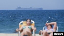 Iranian military ship Iris Makran navigates on the coast of Rio de Janeiro