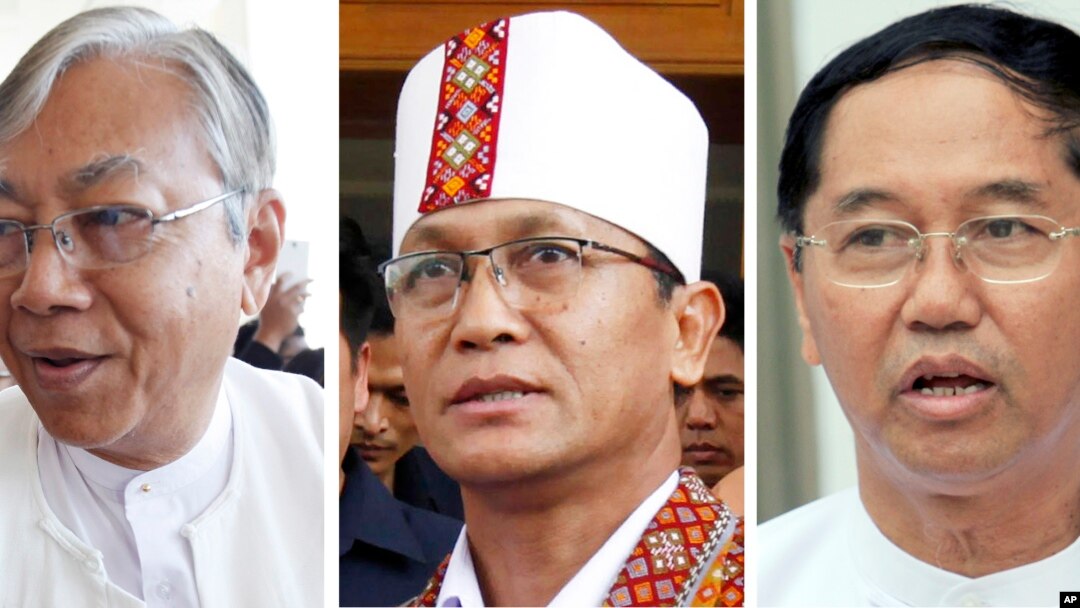 Tiga kandidat presiden Myanmar, dari kiri ke kanan: Htin Kyaw dan Henry Van Hti Yu dari Partai NLD, dan Myint Swe, kandidat dari militer.