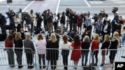 FILE - A group of women who have spoken out about Hollywood producer Harvey Weinstein's sexual misconduct and who refer to themselves as the "Silence Breakers," face the media during a news conference at Los Angeles City Hall, Feb. 25, 2020.