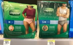 At a Washington-area store on Oct. 17, 2019, comparable adult diapers are the same price except that the women's packet contains one less diaper than the men's packet.
