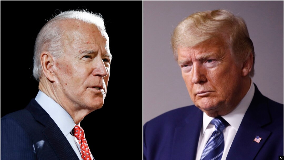 FILE - In this combination of photos, former Vice President Joe Biden, left, speaks in Wilmington, Delaware, March 12, 2020, and President Donald Trump speaks at the White House in Washington, April 5, 2020.
