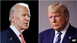FILE - In this combination of photos, former Vice President Joe Biden, left, speaks in Wilmington, Delaware, March 12, 2020, and President Donald Trump speaks at the White House in Washington, April 5, 2020.