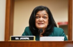 FILE - Rep. Pramila Jayapal, (D-WA), speaks during a hearing of the House Judiciary Subcommittee on Antitrust, Commercial and Administrative Law on "Online Platforms and Market Power" on Capitol Hill, in Washington.