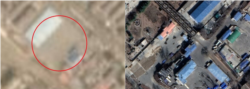 지난 21일 중국 단둥의 세관 트럭 야적장을 촬영한 플레닛랩스의 위성사진(왼쪽∙자료=Planet Labs). 오른쪽은 '조중우의교'의 북한 신의주 일대의 모습으로, 두 곳 모두 한산하다는 사실을 알 수 있다. (자료=Google Earth / Maxar Technologies)