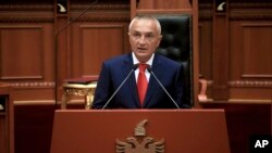 Albania's new President Ilir Meta delivers a speech during his swearing in ceremony at the Parliament in Tirana, July 24, 2017.