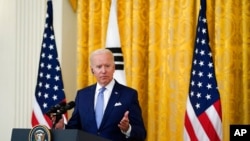 President Joe Biden speaks during a joint news conference with South Korean President Moon Jae-in, not pictured, in the East Room of the White House, May 21, 2021.
