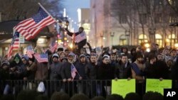 Protesters gather at Brooklyn Borough Hall to protest President Donald Trump's immigration order, Feb. 2, 2017, in New York. 