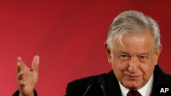 FILE - Mexican President Andres Manuel Lopez Obrador speaks during a press conference in Mexico City.