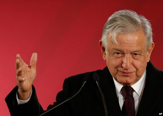 FILE - Mexican President Andres Manuel Lopez Obrador speaks during a press conference in Mexico City, Jan. 9, 2019.