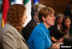 Canada’s Minister of International Development Marie-Claude Bibeau speaks to delegates during the G-7 Development Ministers meeting at the G-7 Summit in Whistler, British Columbia, Canada, May 31, 2018.