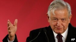 Mexican President Andres Manuel Lopez Obrador speaks during a press conference in Mexico City, Jan. 9, 2019.