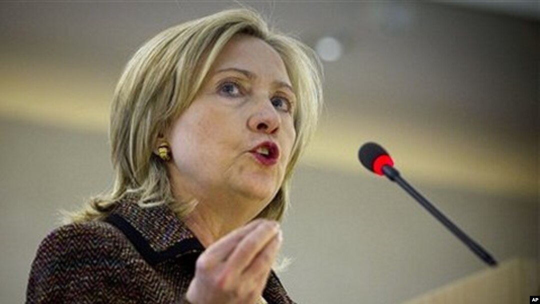 US Secretary of State Hillary Rodham Clinton speaks at the Human Rights Council in Geneva, Switzerland, February 28, 2011
