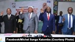 Président ai ya UDPS, Jean-Marc Kabund (C) na secretéraie général ya UDPS na likindo ya lisanga ya politiki liye na Centre NGanda, na Kinshasa, le 31 janvier 2020. (Facebook/Michel Ilunga Katomba)