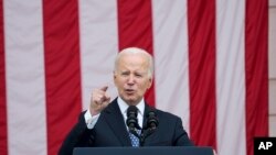 President Joe Biden speaks at the Memorial Amphitheater of Arlington National Cemetery in Arlington, Va., on Memorial Day, Monday, May 29, 2023.