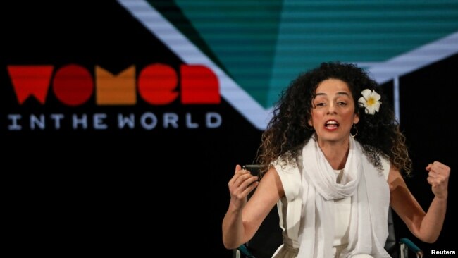FILE - Masih Alinejad, Iranian-American journalist and women's rights activist, speaks on stage at the Women In The World Summit in New York, April 12, 2019.