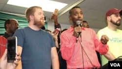 Abdi Warsame talks to supporters after his election. (Photo: Somali Service) 