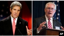 FILE - U.S. Secretary of State John Kerry, right, is shown Berlin, Dec. 5, 2016; Rex Tillerson, the secretary of state nominee, is pictured in Washington, March 27, 2015, in this composite photo.