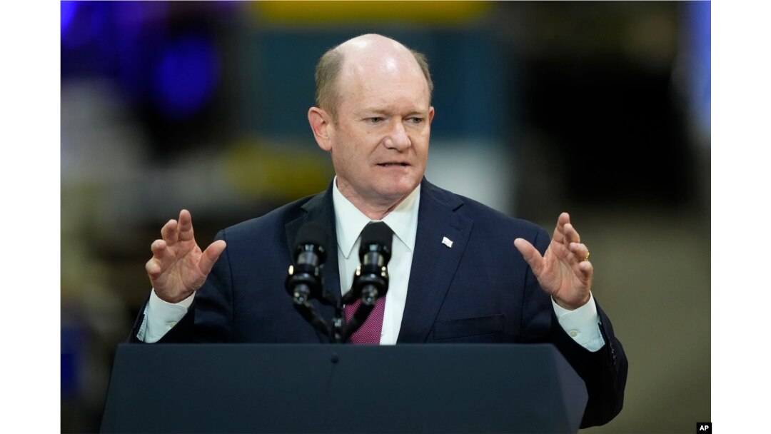 FILE—Sen. Chris Coons, D-Del., speaks in Bear, Deleware. November 6, 2023.