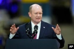 FILE—Sen. Chris Coons, D-Del., speaks in Bear, Deleware. November 6, 2023.