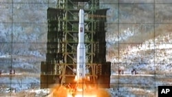 A screen at the General Satellite Control and Command Center shows the moment North Korea's Unha-3 rocket is launched in Pyongyang, North Korea, Wednesday, Dec. 12, 2012. North Korea announced on February 12 that it had conducted its third nuclear test. 