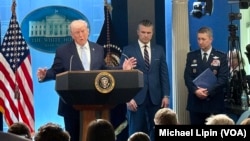 President Donald Trump speaks during a press conference with U.S. Secretary of Defense Pete Hegseth and Chairman of the Joint Chiefs of Staff Gen. Dan Caine, in the James S. Brady Press Briefing Room at the White House, April 6, 2026.