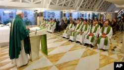 Pope Francis celebrates a Mass at the Vatican's Santa Marta hotel, Sept.1, 2015. 