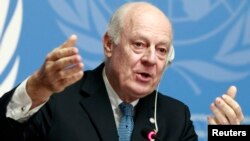 FILE - U.N. Special Envoy for Syria Staffan de Mistura speaks to media during a news conference in Geneva, Jan. 15, 2015.