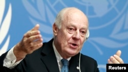 FILE - United Nations Special Envoy of the Secretary-General for Syria Staffan de Mistura speaks to media during a news conference in Geneva, Jan. 15, 2015.